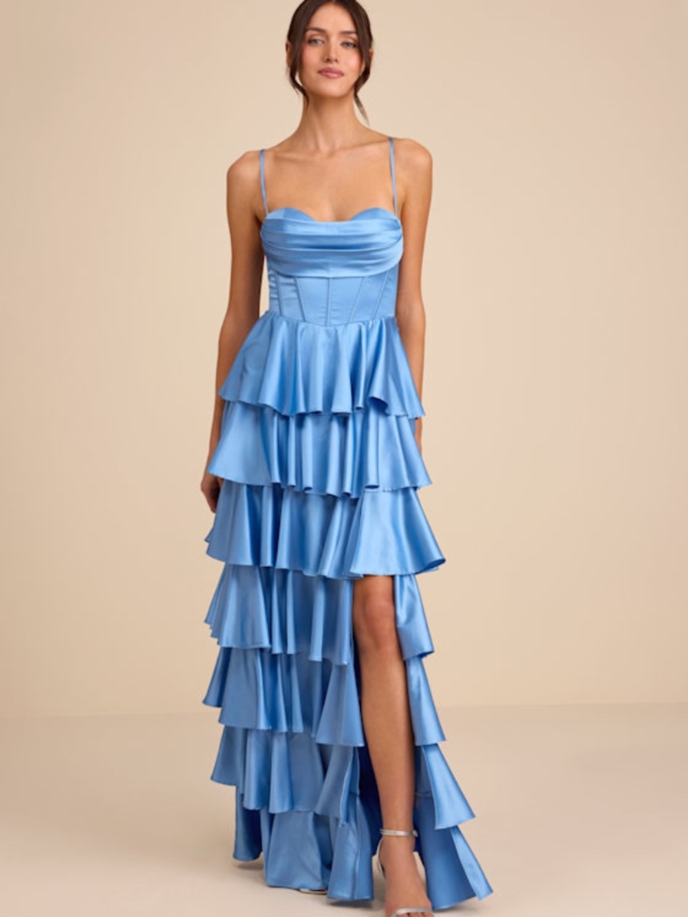 Lulus Arletta Light Blue Satin Bustier Tiered Maxi Dress - Size L